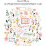 Bloom and Grow Stickers, alternate sticker sheet spread out image, showing coordinating scrapbook stickers for layouts, planners, journals, cards, memory albums, titles, and quick finishing details. Buyer theme: Spring Flower Stickers for Scrapbooks. Bloom and Grow sticker sheet with reduced-scale daisies, coneflowers, wildflowers, leafy sprigs, frames and uplifting bloom phrases. Color palette includes Coral pink, blush, peach, mustard gold, cream, sage, dusty teal, deep teal and warm taupe