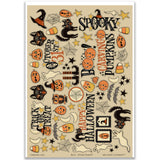 Boo Stickers, main product image, showing coordinating scrapbook stickers for layouts, planners, journals, cards, memory albums, titles, and quick finishing details. Buyer theme: Halloween Stickers for Scrapbooks & Journals. Boo 8x12 sticker sheet with more than 60 coordinating vintage Halloween, pumpkin, ghost, cat, candy corn and witch-themed stickers. Color palette includes Pumpkin orange, burnt orange, rust, mustard gold, harvest gold, vintage cream, taupe, charcoal and midnight black