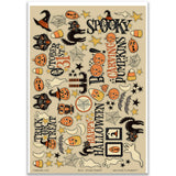 Boo Stickers, main product image, showing coordinating scrapbook stickers for layouts, planners, journals, cards, memory albums, titles, and quick finishing details. Buyer theme: Halloween Stickers for Scrapbooks & Journals. Boo 8x12 sticker sheet with more than 60 coordinating vintage Halloween, pumpkin, ghost, cat, candy corn and witch-themed stickers. Color palette includes Pumpkin orange, burnt orange, rust, mustard gold, harvest gold, vintage cream, taupe, charcoal and midnight black