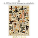 Boo Stickers, sticker sheet spread out image, showing coordinating scrapbook stickers for layouts, planners, journals, cards, memory albums, titles, and quick finishing details. Buyer theme: Halloween Stickers for Scrapbooks & Journals. Boo 8x12 sticker sheet with more than 60 coordinating vintage Halloween, pumpkin, ghost, cat, candy corn and witch-themed stickers. Scrapbook sticker sheet, planner stickers, journal stickers, card making accents, and memory keeping supplies