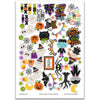 Chills and Thrills Stickers, main product image, showing coordinating scrapbook stickers for layouts, planners, journals, cards, memory albums, titles, and quick finishing details. Buyer theme: Halloween Planner Stickers & Junk Journal Accents. 8x12 Halloween Sticker Sheet with more than 60 small coordinating stickers using the same playful artwork as the die cuts at 50 percent scale. Coordinating patterns include multicolor plaid, orange gingham, purple gingham