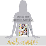 Chills and Thrills Stickers, size guide image, showing coordinating scrapbook stickers for layouts, planners, journals, cards, memory albums, titles, and quick finishing details. Buyer theme: Halloween Planner Stickers & Junk Journal Accents. 8x12 Halloween Sticker Sheet with more than 60 small coordinating stickers using the same playful artwork as the die cuts at 50 percent scale. Coordinating patterns include orange gingham, purple gingham, diagonal rainbow Halloween stripes