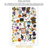 Chills and Thrills Basic monthly box. coordinating sticker artwork with Halloween titles, witches, ghosts, pumpkins, monsters, bats and candy.