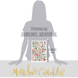 Christmas Joy Stickers, size guide image, showing coordinating scrapbook stickers for layouts, planners, journals, cards, memory albums, titles, and quick finishing details. Buyer theme: Christmas Stickers for Scrapbooks, Journals & Planners. Christmas Joy Sticker Sheet with scaled Christmas titles, Santa, snowmen, gingerbread, reindeer, candy canes, stockings, poinsettias, holly and snowflakes for scrapbook pages, journals and planners