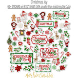 Christmas Joy Stickers, alternate sticker sheet spread out image, showing coordinating scrapbook stickers for layouts, planners, journals, cards, memory albums, titles, and quick finishing details. Buyer theme: Christmas Stickers for Scrapbooks, Journals & Planners. Christmas Joy Sticker Sheet with scaled Christmas titles, Santa, snowmen, gingerbread, reindeer, candy canes, stockings, poinsettias, holly and snowflakes for scrapbook pages, journals and planners