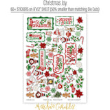Christmas Joy Stickers, sticker sheet spread out image, showing coordinating scrapbook stickers for layouts, planners, journals, cards, memory albums, titles, and quick finishing details. Buyer theme: Christmas Stickers for Scrapbooks, Journals & Planners. Christmas Joy Sticker Sheet with scaled Christmas titles, Santa, snowmen, gingerbread, reindeer, candy canes, stockings, poinsettias, holly and snowflakes for scrapbook pages, journals and planners
