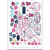 Everyday Moments Stickers, main product image, showing coordinating scrapbook stickers for layouts, planners, journals, cards, memory albums, titles, and quick finishing details. Buyer theme: Floral Scrapbook Stickers for Journals & Planners. Everyday Moments Sticker Sheet with scaled floral, family, gratitude, friendship and memory artwork for scrapbook pages, planners, journals and cards. Coordinating patterns include Navy and berry floral prints, Polka dots, Diagonal pinstripes