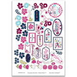 Everyday Moments Stickers, main product image, showing coordinating scrapbook stickers for layouts, planners, journals, cards, memory albums, titles, and quick finishing details. Buyer theme: Floral Scrapbook Stickers for Journals & Planners. Everyday Moments Sticker Sheet with scaled floral, family, gratitude, friendship and memory artwork for scrapbook pages, planners, journals and cards. Coordinating patterns include Polka dots, Diagonal pinstripes, Plaids and tartans