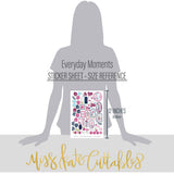 Everyday Moments Stickers, size guide image, showing coordinating scrapbook stickers for layouts, planners, journals, cards, memory albums, titles, and quick finishing details. Buyer theme: Floral Scrapbook Stickers for Journals & Planners. Everyday Moments Sticker Sheet with scaled floral, family, gratitude, friendship and memory artwork for scrapbook pages, planners, journals and cards. Coordinating patterns include Diagonal pinstripes, Plaids and tartans, Geometric quilt patterns