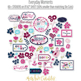 Everyday Moments Stickers, alternate sticker sheet spread out image, showing coordinating scrapbook stickers for layouts, planners, journals, cards, memory albums, titles, and quick finishing details. Buyer theme: Floral Scrapbook Stickers for Journals & Planners. Everyday Moments Sticker Sheet with scaled floral, family, gratitude, friendship and memory artwork for scrapbook pages, planners, journals and cards. Designed for Gratitude journals, Card making, Mini albums