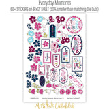 Everyday Moments Stickers, sticker sheet spread out image, showing coordinating scrapbook stickers for layouts, planners, journals, cards, memory albums, titles, and quick finishing details. Buyer theme: Floral Scrapbook Stickers for Journals & Planners. Everyday Moments Sticker Sheet with scaled floral, family, gratitude, friendship and memory artwork for scrapbook pages, planners, journals and cards. Designed for Card making, Mini albums, Junk journals