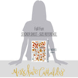 Fall Fun Stickers, size guide image, showing coordinating scrapbook stickers for layouts, planners, journals, cards, memory albums, titles, and quick finishing details. Buyer theme: Fall Scrapbook Stickers & Gratitude Journal Accents. Fall Fun Sticker Sheet with scaled pumpkins, flowers, leaves, pinecones, sprigs and fall title artwork for scrapbook pages, planners and journals. Coordinating patterns include Pumpkin and leaf tosses, Sunflower floral prints, Polka dots and horizontal stripes