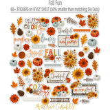 Fall Fun Stickers, alternate sticker sheet spread out image, showing coordinating scrapbook stickers for layouts, planners, journals, cards, memory albums, titles, and quick finishing details. Buyer theme: Fall Scrapbook Stickers & Gratitude Journal Accents. Fall Fun Sticker Sheet with scaled pumpkins, flowers, leaves, pinecones, sprigs and fall title artwork for scrapbook pages, planners and journals. Designed for Autumn card making, Mini albums, Junk journals