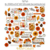 Fall Fun Stickers, alternate sticker sheet spread out image, showing coordinating scrapbook stickers for layouts, planners, journals, cards, memory albums, titles, and quick finishing details. Buyer theme: Fall Scrapbook Stickers & Gratitude Journal Accents. Fall Fun Sticker Sheet with scaled pumpkins, flowers, leaves, pinecones, sprigs and fall title artwork for scrapbook pages, planners and journals. Designed for Autumn card making, Mini albums, Junk journals