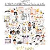 Fright Night Stickers, alternate sticker sheet spread out image, showing coordinating scrapbook stickers for layouts, planners, journals, cards, memory albums, titles, and quick finishing details. Buyer theme: Cute Halloween Stickers for Scrapbooks & Journals. Fright Night sticker sheet with reduced-scale ghosts, pumpkins, bats, spiders, candy corn, mummy and cute Halloween phrase stickers