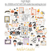 Fright Night Stickers, alternate sticker sheet spread out image, showing coordinating scrapbook stickers for layouts, planners, journals, cards, memory albums, titles, and quick finishing details. Buyer theme: Cute Halloween Stickers for Scrapbooks & Journals. Fright Night sticker sheet with reduced-scale ghosts, pumpkins, bats, spiders, candy corn, mummy and cute Halloween phrase stickers