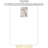Fright Night Stickers, sticker sheet spread out image, showing coordinating scrapbook stickers for layouts, planners, journals, cards, memory albums, titles, and quick finishing details. Buyer theme: Cute Halloween Stickers for Scrapbooks & Journals. Fright Night sticker sheet with reduced-scale ghosts, pumpkins, bats, spiders, candy corn, mummy and cute Halloween phrase stickers. Scrapbook sticker sheet, planner stickers, journal stickers, card making accents, and memory keeping supplies