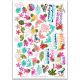 Fun in the Sun Stickers, main product image, showing coordinating scrapbook stickers for layouts, planners, journals, cards, memory albums, titles, and quick finishing details. Buyer theme: Tropical Beach Stickers for Scrapbooks & Journals. Fun in the Sun Sticker Sheet with scaled tropical wildlife, birds, flowers, foliage, starfish and beach title artwork for scrapbook pages, planners and journals