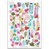 Fun in the Sun Stickers, main product image, showing coordinating scrapbook stickers for layouts, planners, journals, cards, memory albums, titles, and quick finishing details. Buyer theme: Tropical Beach Stickers for Scrapbooks & Journals. Fun in the Sun Sticker Sheet with scaled tropical wildlife, birds, flowers, foliage, starfish and beach title artwork for scrapbook pages, planners and journals. Color palette includes Deep navy, Hibiscus pink and flamingo fuchsia, Coral and watermelon
