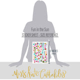 Fun in the Sun Stickers, size guide image, showing coordinating scrapbook stickers for layouts, planners, journals, cards, memory albums, titles, and quick finishing details. Buyer theme: Tropical Beach Stickers for Scrapbooks & Journals. Fun in the Sun Sticker Sheet with scaled tropical wildlife, birds, flowers, foliage, starfish and beach title artwork for scrapbook pages, planners and journals. Designed for Ocean adventure memory pages, Summer card making, Mini albums