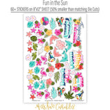 Fun in the Sun Stickers, sticker sheet spread out image, showing coordinating scrapbook stickers for layouts, planners, journals, cards, memory albums, titles, and quick finishing details. Buyer theme: Tropical Beach Stickers for Scrapbooks & Journals. Fun in the Sun Sticker Sheet with scaled tropical wildlife, birds, flowers, foliage, starfish and beach title artwork for scrapbook pages, planners and journals. Designed for Mini albums, Travel journals, Junk journals