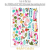 Fun in the Sun Stickers, sticker sheet spread out image, showing coordinating scrapbook stickers for layouts, planners, journals, cards, memory albums, titles, and quick finishing details. Buyer theme: Tropical Beach Stickers for Scrapbooks & Journals. Fun in the Sun Sticker Sheet with scaled tropical wildlife, birds, flowers, foliage, starfish and beach title artwork for scrapbook pages, planners and journals. Designed for Mini albums, Travel journals, Junk journals