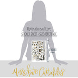 Generations of Love Stickers, size guide image, showing coordinating scrapbook stickers for layouts, planners, journals, cards, memory albums, titles, and quick finishing details. Buyer theme: Heritage Stickers for Journals & Planners. Generations of Love Sticker Sheet with scaled family heritage titles, flowers, birds, butterflies, branches, frames and labels for scrapbook pages, journals and planners. Coordinating patterns include Polka dots, Pinstripes, Diamond lattice