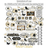 Generations of Love Stickers, alternate sticker sheet spread out image, showing coordinating scrapbook stickers for layouts, planners, journals, cards, memory albums, titles, and quick finishing details. Buyer theme: Heritage Stickers for Journals & Planners. Generations of Love Sticker Sheet with scaled family heritage titles, flowers, birds, butterflies, branches, frames and labels for scrapbook pages, journals and planners. Designed for Grandparent photo pages, Heirloom albums, Card making