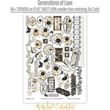 Generations of Love Monthly Subscription Box - Premium + 6x6. sticker artwork displayed to show the full assortment of titles, birds, butterflies, florals, frames, labels, and borders. coordinating scrapbook bundle with 12x12 paper, 6x6 paper, cardstock, die cuts, and stickers. featuring olive leafy branches and berry sprigs, butterfly toss pattern, ivory. for memory keeping.