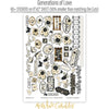 Generations of Love Monthly Subscription Box - Premium + 6x6. sticker artwork displayed to show the full assortment of titles, birds, butterflies, florals, frames, labels, and borders. coordinating scrapbook bundle with 12x12 paper, 6x6 paper, cardstock, die cuts, and stickers. featuring olive leafy branches and berry sprigs, butterfly toss pattern, ivory. for memory keeping.