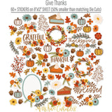 Give Thanks Bundle, alternate sticker sheet spread out image, showing complete coordinated paper craft set with 12x12 papers, 6x6 papers, cardstock, die cuts, and stickers for layouts, cards, albums, journals, and keepsakes. Buyer theme: Complete Thanksgiving Scrapbook Bundle. Give Thanks complete Thanksgiving scrapbook bundle with 12x12 paper, 6x6 paper, coordinating cardstock, die cuts and stickers