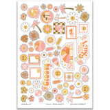 Groovy Stickers, main product image, showing coordinating scrapbook stickers for layouts, planners, journals, cards, memory albums, titles, and quick finishing details. Buyer theme: Summer Stickers for Scrapbooks, Journals & Planners. Groovy Sticker Sheet with scaled summer titles, smiling flowers, smiley faces, palm trees, sunbursts, florals, popsicles, ice cream and small retro accents for pages and journals. Designed for Vacation photo albums, Sunny summer memory pages, Card making