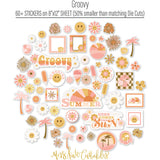 Groovy Stickers, alternate sticker sheet spread out image, showing coordinating scrapbook stickers for layouts, planners, journals, cards, memory albums, titles, and quick finishing details. Buyer theme: Summer Stickers for Scrapbooks, Journals & Planners. Groovy Sticker Sheet with scaled summer titles, smiling flowers, smiley faces, palm trees, sunbursts, florals, popsicles, ice cream and small retro accents for pages and journals. Designed for Card making, Mini albums, Junk journals