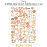 Groovy Stickers, sticker sheet spread out image, showing coordinating scrapbook stickers for layouts, planners, journals, cards, memory albums, titles, and quick finishing details. Buyer theme: Summer Stickers for Scrapbooks, Journals & Planners. Groovy Sticker Sheet with scaled summer titles, smiling flowers, smiley faces, palm trees, sunbursts, florals, popsicles, ice cream and small retro accents for pages and journals. Designed for Mini albums, Junk journals, Sunny day memory keeping
