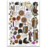 Happy Halloween Stickers, main product image, showing coordinating scrapbook stickers for layouts, planners, journals, cards, memory albums, titles, and quick finishing details. Buyer theme: Vintage Halloween Stickers for Scrapbooks. Happy Halloween sticker sheet with reduced-scale ghosts, pumpkins, bats, spiders, webs, black cats, candy corn and retro spooky phrase stickers. Scrapbook sticker sheet, planner stickers, journal stickers, card making accents, and memory keeping supplies