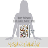 Happy Halloween Stickers, size guide image, showing coordinating scrapbook stickers for layouts, planners, journals, cards, memory albums, titles, and quick finishing details. Buyer theme: Vintage Halloween Stickers for Scrapbooks. Happy Halloween sticker sheet with reduced-scale ghosts, pumpkins, bats, spiders, webs, black cats, candy corn and retro spooky phrase stickers. Scrapbook sticker sheet, planner stickers, journal stickers, card making accents, and memory keeping supplies