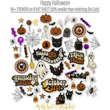 Happy Halloween Paper & Sticker Kit, alternate sticker sheet spread out image, showing 12x12 scrapbook paper and coordinating stickers for scrapbook layouts, photo albums, memory keeping, cards, and paper crafts. Buyer theme: Vintage Halloween Paper & Sticker Kit. 12x12 Happy Halloween Paper & Sticker Kit with 39 vintage Halloween paper designs, 3x4 and 4x6 element sheets and a coordinating retro spooky sticker sheet