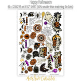 Happy Halloween Bundle, sticker sheet spread out image, showing complete coordinated paper craft set with 12x12 papers, 6x6 papers, cardstock, die cuts, and stickers for layouts, cards, albums, journals, and keepsakes. Buyer theme: Complete Vintage Halloween Scrapbook Bundle. Happy Halloween complete scrapbook bundle with 12x12 paper, 6x6 paper, coordinating cardstock, stickers and die cuts