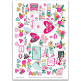Happy Valentines Day Stickers, main product image, showing coordinating scrapbook stickers for layouts, planners, journals, cards, memory albums, titles, and quick finishing details. Buyer theme: Valentine Stickers for Planners & Scrapbooks. Happy Valentines Day 8x12 sticker sheet with more than 60 coordinating Valentine hearts, florals, love notes and romantic icons. Color palette includes Hot pink, blush pink, aqua, emerald teal, mustard gold, charcoal black and white