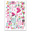 Happy Valentines Day Stickers, main product image, showing coordinating scrapbook stickers for layouts, planners, journals, cards, memory albums, titles, and quick finishing details. Buyer theme: Valentine Stickers for Planners & Scrapbooks. Happy Valentines Day 8x12 sticker sheet with more than 60 coordinating Valentine hearts, florals, love notes and romantic icons. Color palette includes Hot pink, blush pink, aqua, emerald teal, mustard gold, charcoal black and white