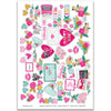 Happy Valentines Day Stickers, main product image, showing coordinating scrapbook stickers for layouts, planners, journals, cards, memory albums, titles, and quick finishing details. Buyer theme: Valentine Stickers for Planners & Scrapbooks. Happy Valentines Day 8x12 sticker sheet with more than 60 coordinating Valentine hearts, florals, love notes and romantic icons. Color palette includes Hot pink, blush pink, aqua, emerald teal, mustard gold, charcoal black and white