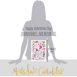 Happy Valentines Day Stickers, size guide image, showing coordinating scrapbook stickers for layouts, planners, journals, cards, memory albums, titles, and quick finishing details. Buyer theme: Valentine Stickers for Planners & Scrapbooks. Happy Valentines Day 8x12 sticker sheet with more than 60 coordinating Valentine hearts, florals, love notes and romantic icons. Color palette includes Hot pink, blush pink, aqua, emerald teal, mustard gold, charcoal black and white