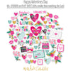 Happy Valentines Day Stickers, alternate sticker sheet spread out image, showing coordinating scrapbook stickers for layouts, planners, journals, cards, memory albums, titles, and quick finishing details. Buyer theme: Valentine Stickers for Planners & Scrapbooks. Happy Valentines Day 8x12 sticker sheet with more than 60 coordinating Valentine hearts, florals, love notes and romantic icons. Color palette includes Hot pink, blush pink, aqua, emerald teal, mustard gold, charcoal black and white