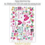 Happy Valentines Day Stickers, sticker sheet spread out image, showing coordinating scrapbook stickers for layouts, planners, journals, cards, memory albums, titles, and quick finishing details. Buyer theme: Valentine Stickers for Planners & Scrapbooks. Happy Valentines Day 8x12 sticker sheet with more than 60 coordinating Valentine hearts, florals, love notes and romantic icons. Color palette includes Hot pink, blush pink, aqua, emerald teal, mustard gold, charcoal black and white