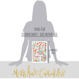 Hello Fall Stickers, size guide image, showing coordinating scrapbook stickers for layouts, planners, journals, cards, memory albums, titles, and quick finishing details. Buyer theme: Fall Stickers for Scrapbooks, Journals & Planners. Hello Fall Sticker Sheet with scaled fall titles, pumpkins, gourds, leaves, flowers, botanical sprigs, labels and frames for scrapbook pages, planners and journals. Designed for Autumn family memories, Card making, Mini albums