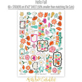 Hello Fall Stickers, sticker sheet spread out image, showing coordinating scrapbook stickers for layouts, planners, journals, cards, memory albums, titles, and quick finishing details. Buyer theme: Fall Stickers for Scrapbooks, Journals & Planners. Hello Fall Sticker Sheet with scaled fall titles, pumpkins, gourds, leaves, flowers, botanical sprigs, labels and frames for scrapbook pages, planners and journals. Designed for Mini albums, Junk journals, Seasonal memory keeping