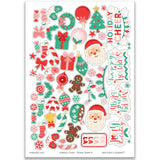 Holiday Cheer Stickers, main product image, showing coordinating scrapbook stickers for layouts, planners, journals, cards, memory albums, titles, and quick finishing details. Buyer theme: Christmas Stickers for Scrapbooks, Journals & Planners. Holiday Cheer Sticker Sheet with scaled Christmas titles, Santa, gingerbread, candy canes, stockings, ornaments, gifts, wreaths, cocoa, snowflakes and bows for scrapbook pages, journals and planners