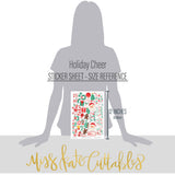 Holiday Cheer Stickers, size guide image, showing coordinating scrapbook stickers for layouts, planners, journals, cards, memory albums, titles, and quick finishing details. Buyer theme: Christmas Stickers for Scrapbooks, Journals & Planners. Holiday Cheer Sticker Sheet with scaled Christmas titles, Santa, gingerbread, candy canes, stockings, ornaments, gifts, wreaths, cocoa, snowflakes and bows for scrapbook pages, journals and planners