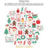 Holiday Cheer Stickers, alternate sticker sheet spread out image, showing coordinating scrapbook stickers for layouts, planners, journals, cards, memory albums, titles, and quick finishing details. Buyer theme: Christmas Stickers for Scrapbooks, Journals & Planners. Holiday Cheer Sticker Sheet with scaled Christmas titles, Santa, gingerbread, candy canes, stockings, ornaments, gifts, wreaths, cocoa, snowflakes and bows for scrapbook pages, journals and planners