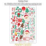 Holiday Cheer Stickers, sticker sheet spread out image, showing coordinating scrapbook stickers for layouts, planners, journals, cards, memory albums, titles, and quick finishing details. Buyer theme: Christmas Stickers for Scrapbooks, Journals & Planners. Holiday Cheer Sticker Sheet with scaled Christmas titles, Santa, gingerbread, candy canes, stockings, ornaments, gifts, wreaths, cocoa, snowflakes and bows for scrapbook pages, journals and planners